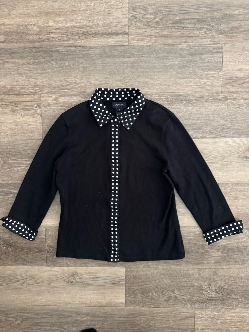 Jones New York Signature Polka Dot Trim Black Knit Top Small